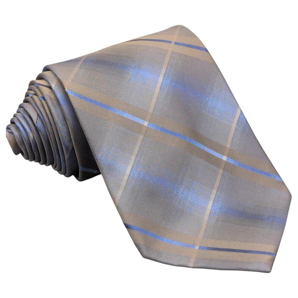 Kenneth Cole Reaction Tie 56"x3.25" 100% Silk Plaid Blues And Grays Dress Office